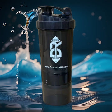 Donrockfit black shaker bottle with logo on professional water background