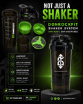 Donrockfit shaker system product flyer showing black shaker bottle, storage compartments, and features
