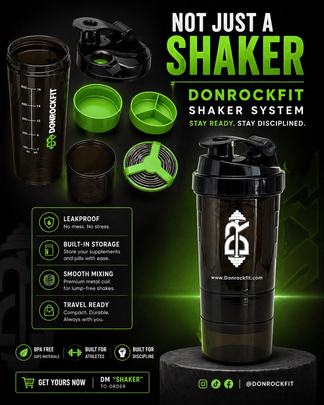 Donrockfit shaker system product flyer showing black shaker bottle, storage compartments, and features